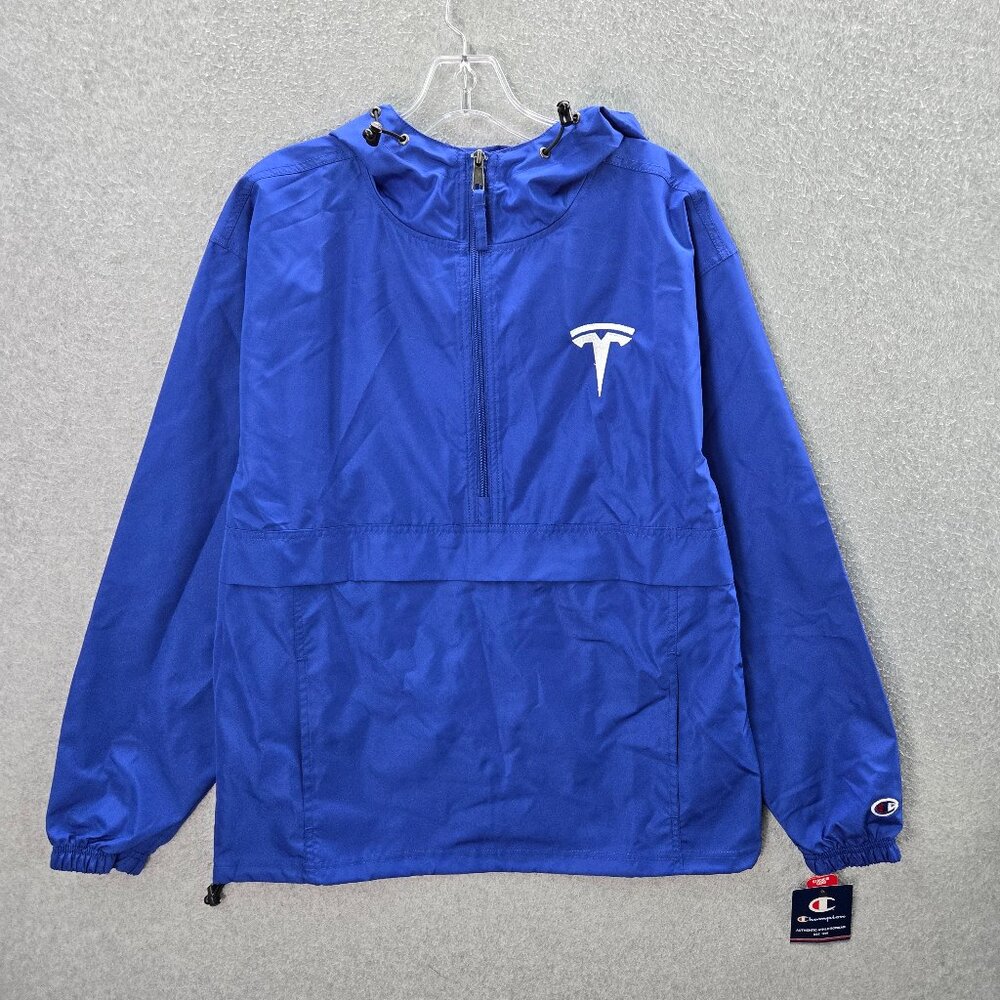 Tesla Men‎ Jacket Small Blue Windbreaker Hooded Packable 1/4 Zip Long Sleeve NWT